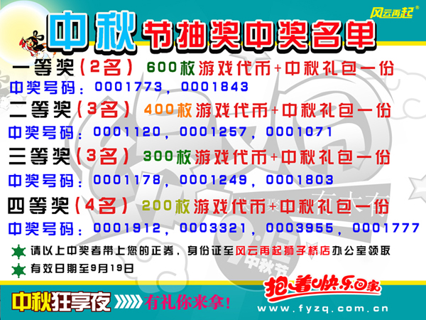 风云再起狮子桥店中秋节抽奖中奖名单